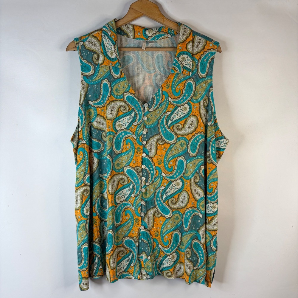 Cato Sleeveless Top Women 22/24W Teal Orange Paisley Ribbed Button Front V-Neck